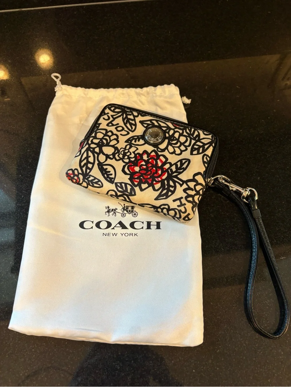 Coach Floral Wristlet in Black, White & Red Trim